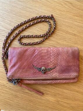 Zadig & Voltaire Pink Snake-Embossed Chain Shoulder Clutch with Crystal Skull